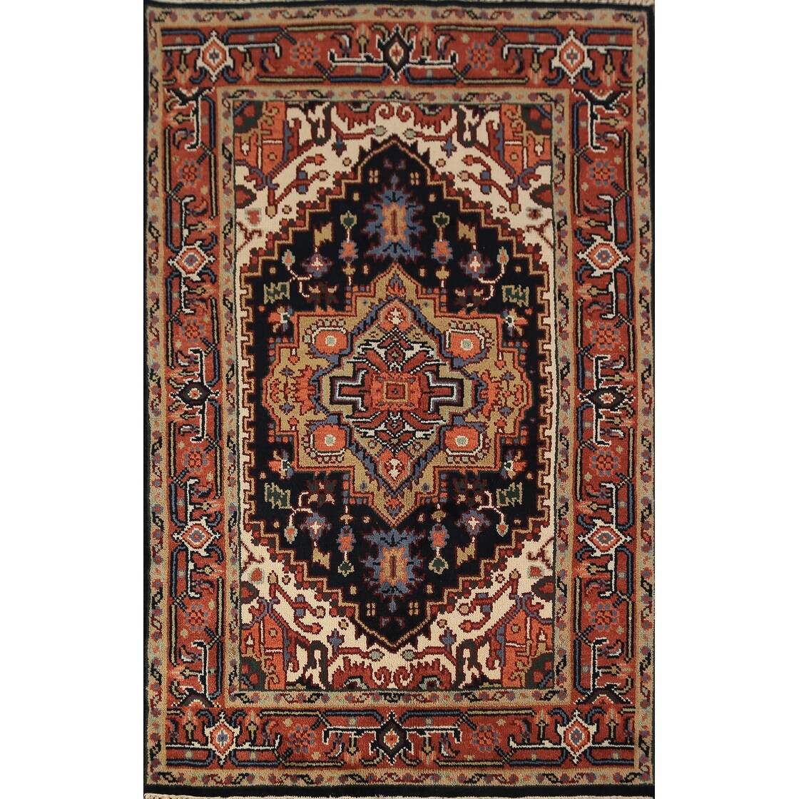 Navy Blue Heriz Serapi Oriental Rug Hand-Knotted Wool Carpet - 3'10"x 6'0"