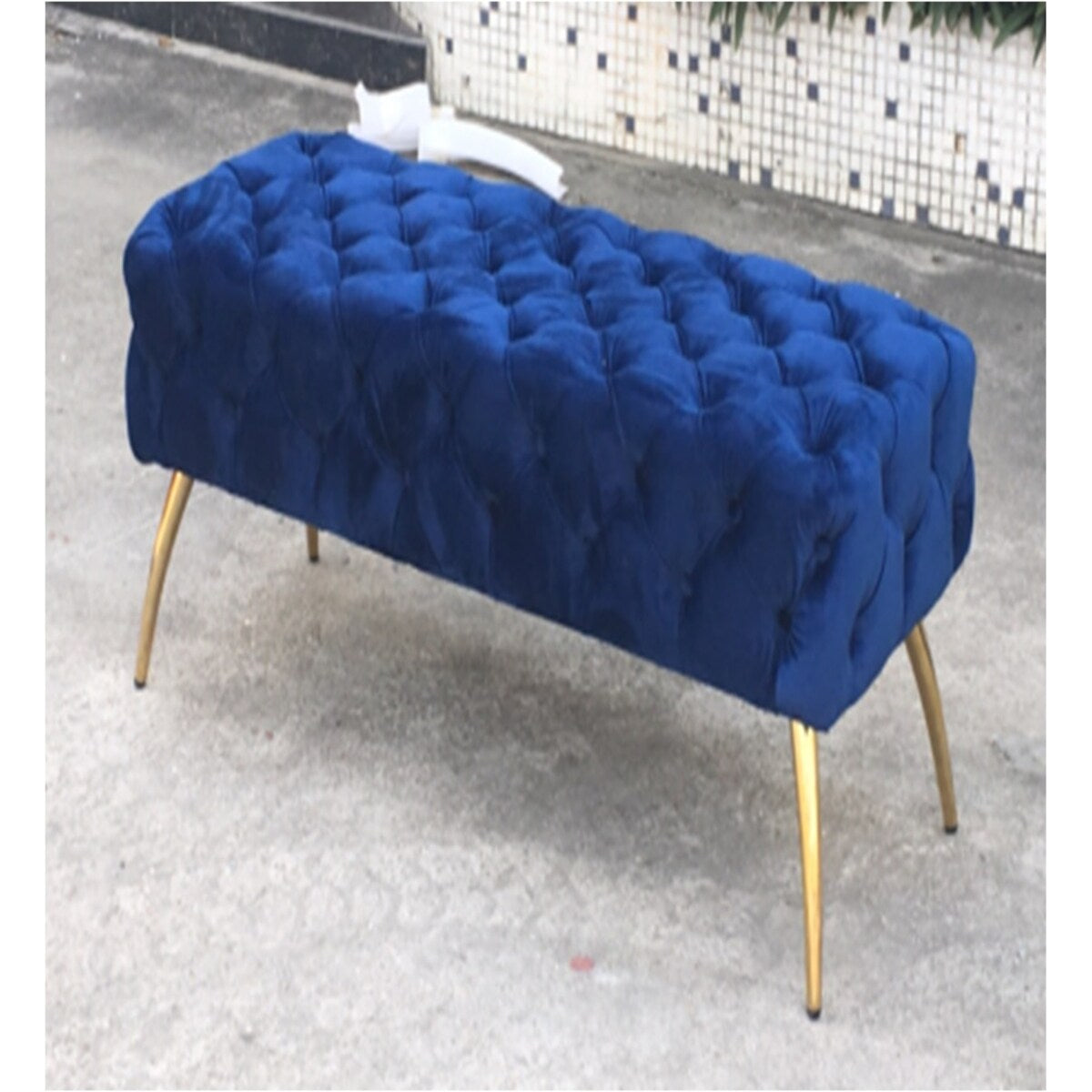 Navy Blue & Gold Button-Tufted Velvet Bench