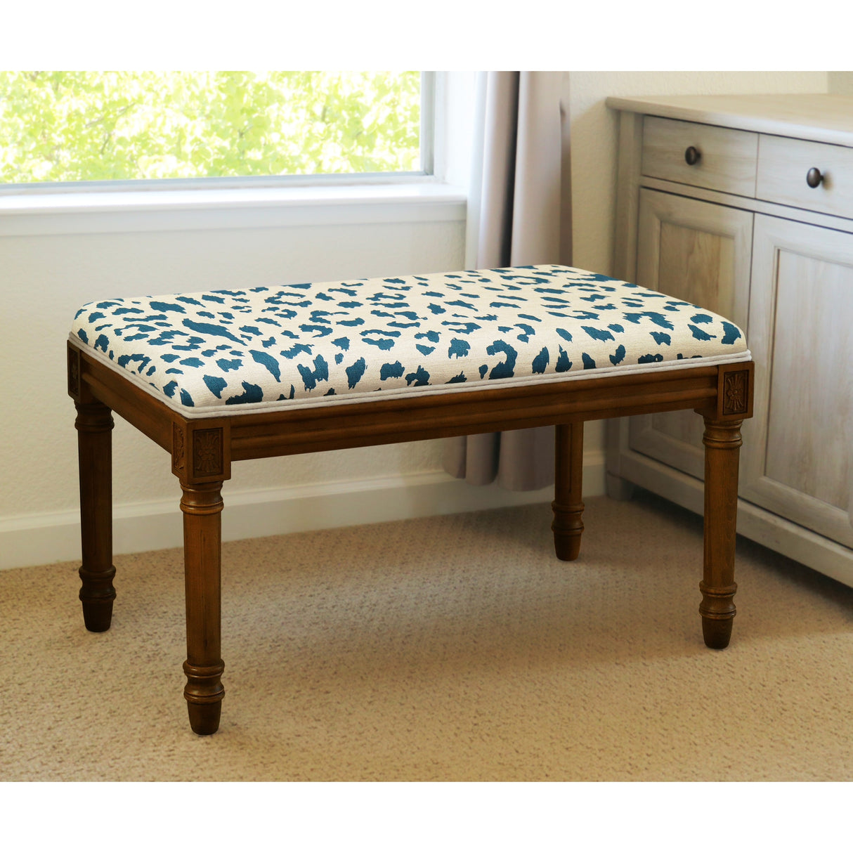 Navy Cheetah Print Bench with Wood Stain Finish