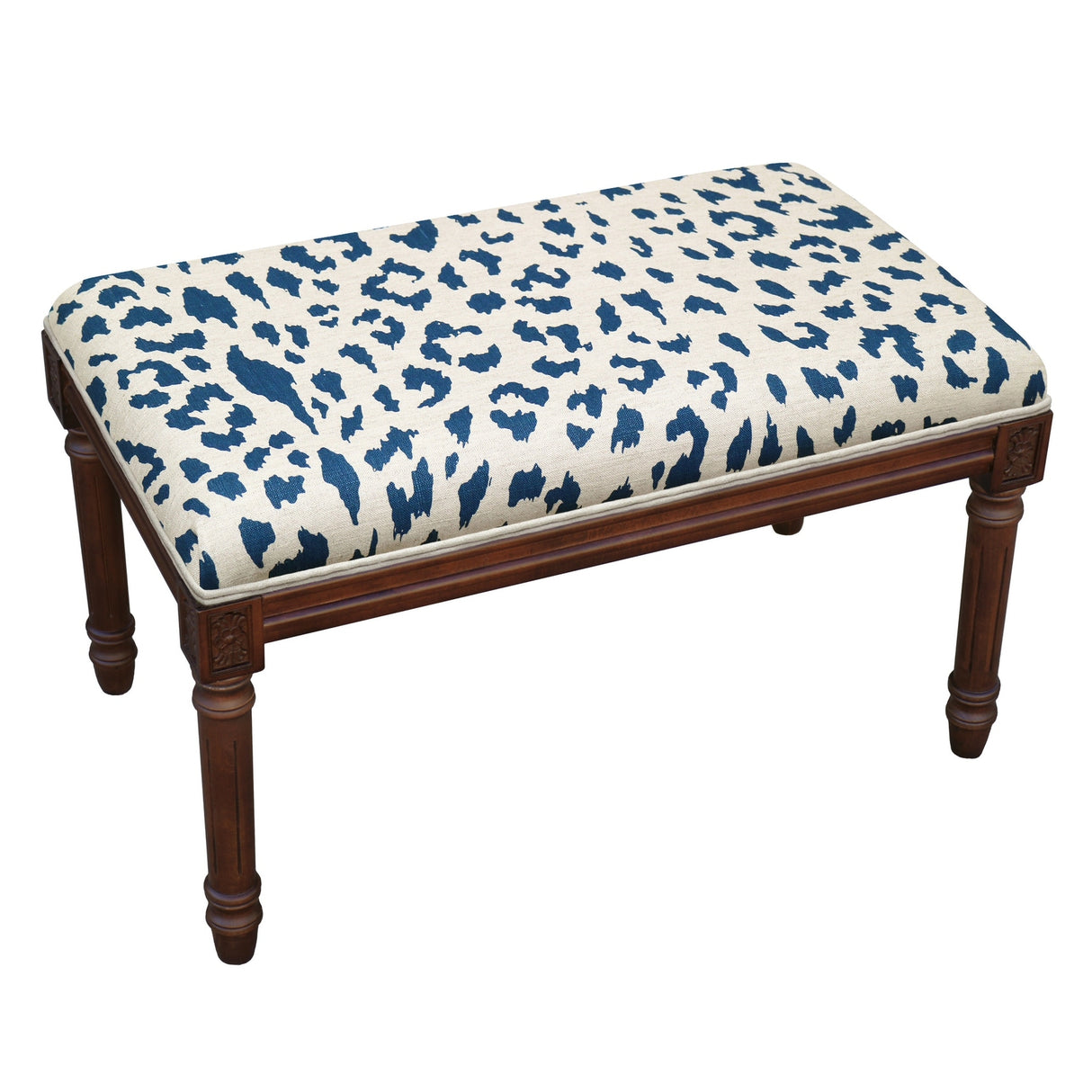 Navy Cheetah Print Bench with Wood Stain Finish