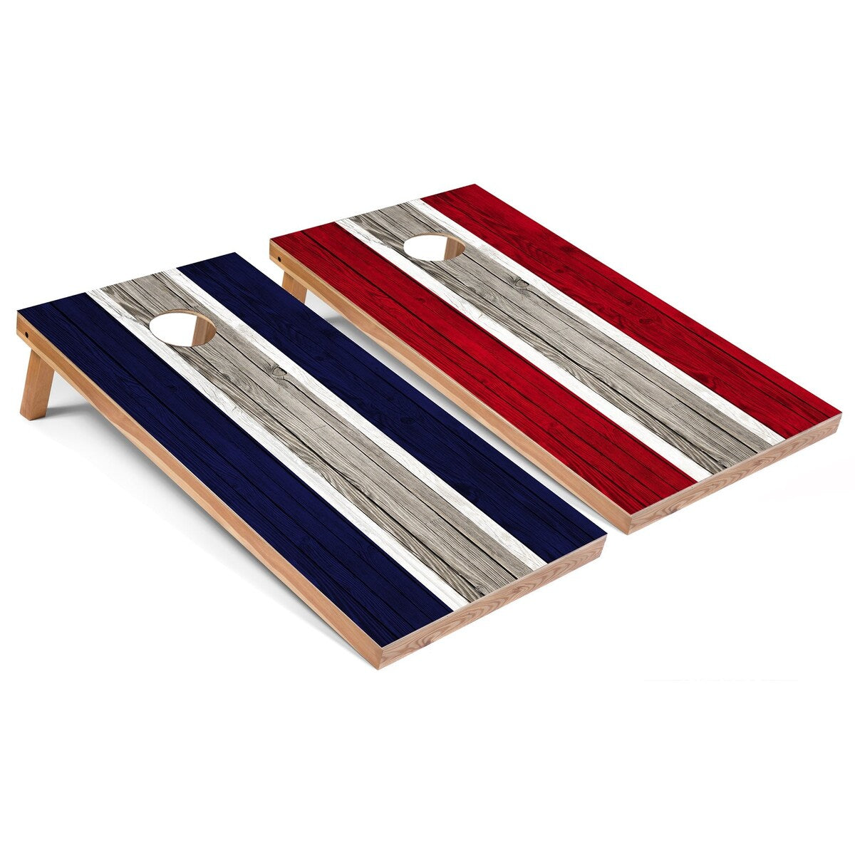Navy and Red Striped Cornhole Boards with Case & Lights
