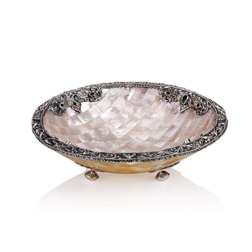 Neda Behnam Home Decor Sterling Silver Mother of Pearl Bowl with Sterling Silver Accents and Quartz Stones