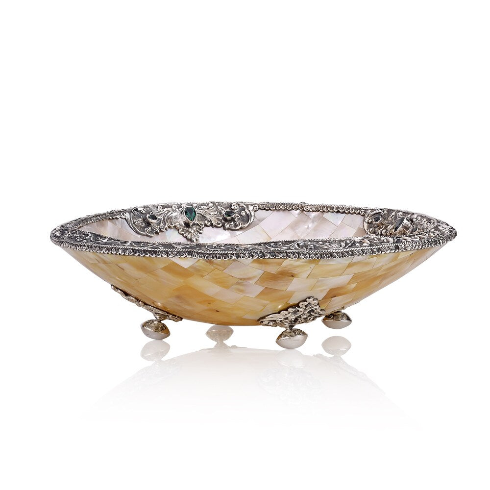 Neda Behnam Home Decor Sterling Silver Mother of Pearl Bowl with Sterling Silver Accents and Quartz Stones