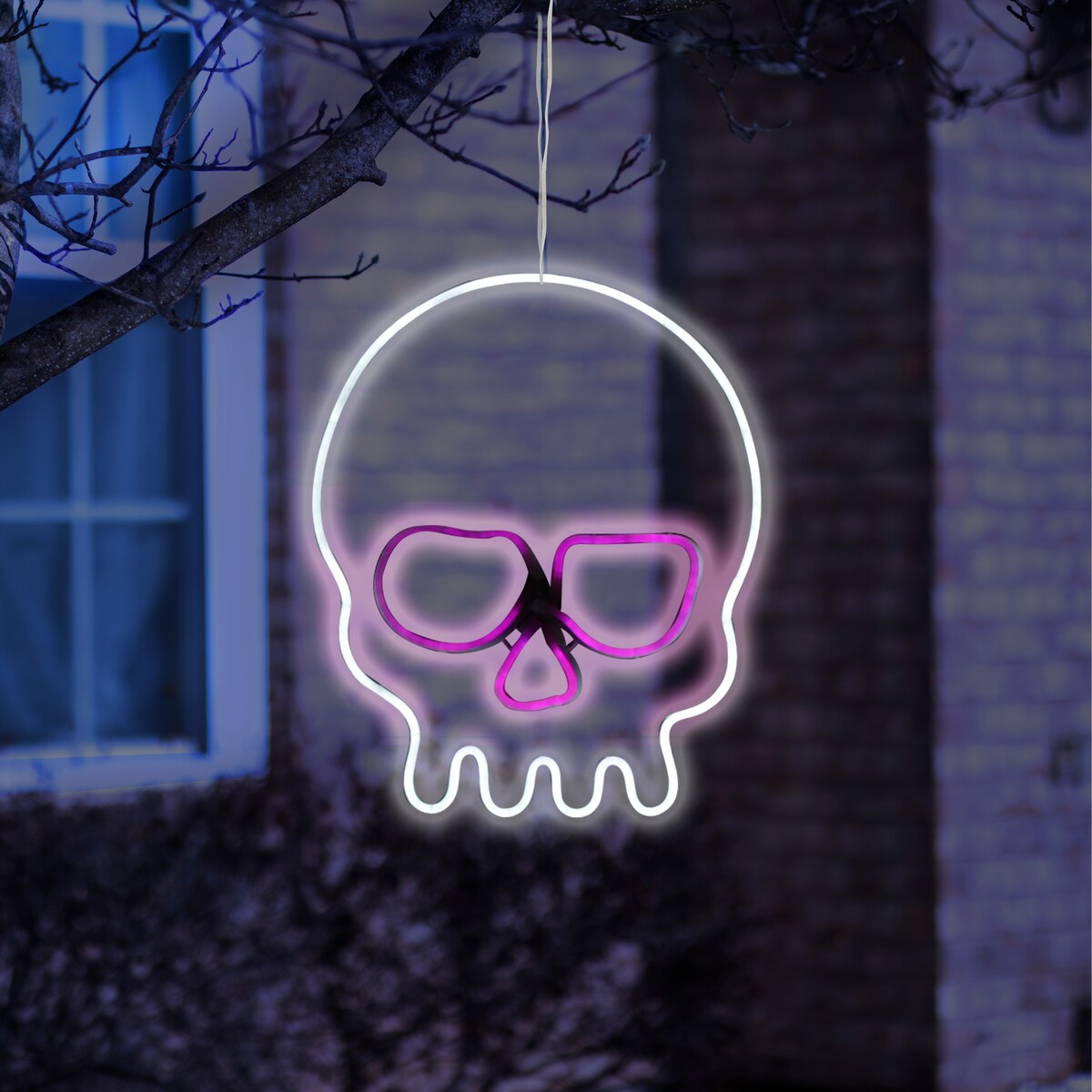 Neon Tube LED White Skull with Purple Eyes Hanging Decor