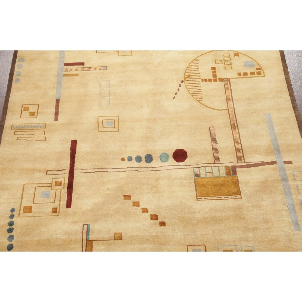 Nepal Graphic Oriental Hand-Knotted Muted Wool Indian Area Rug - 9'10" x 7'10"