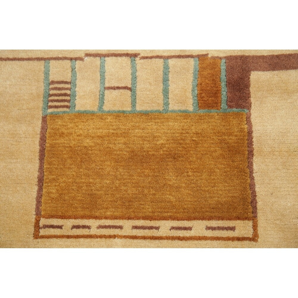 Nepal Graphic Oriental Hand-Knotted Muted Wool Indian Area Rug - 9'10" x 7'10"