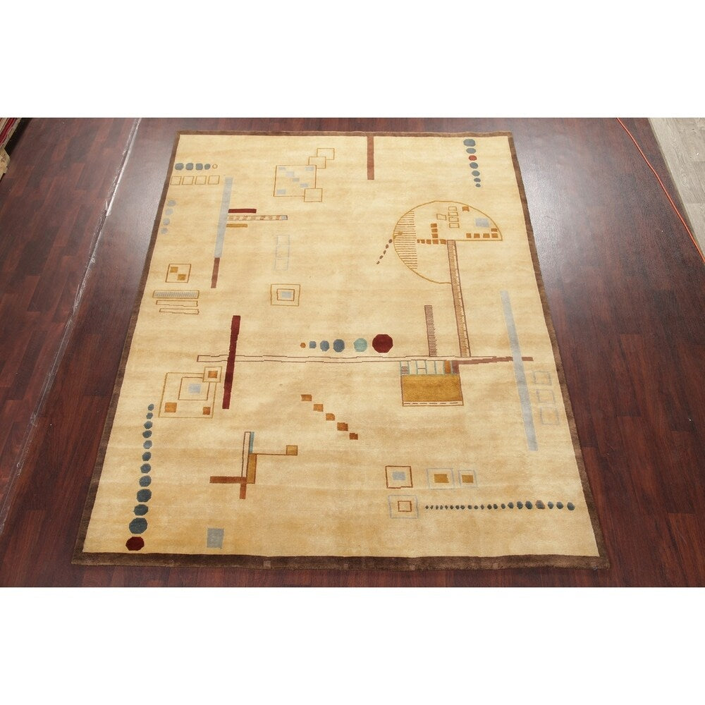 Nepal Graphic Oriental Hand-Knotted Muted Wool Indian Area Rug - 9'10" x 7'10"