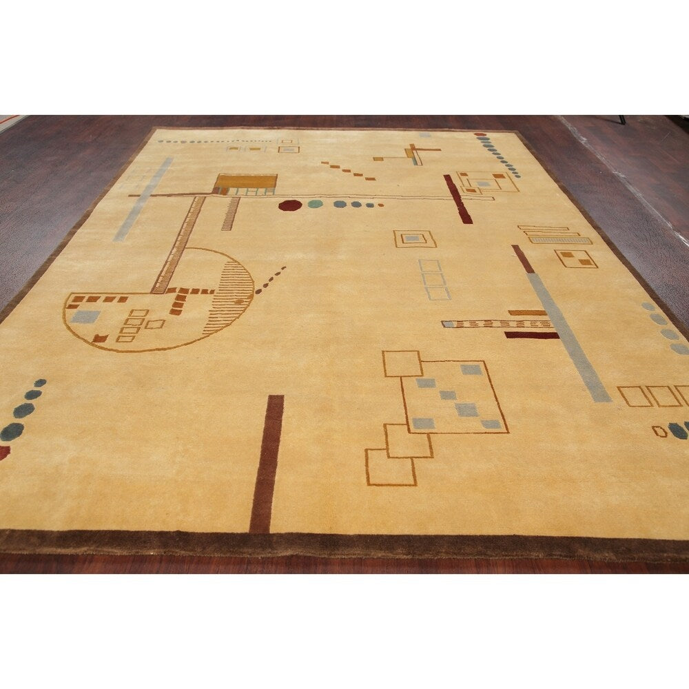 Nepal Graphic Oriental Hand-Knotted Muted Wool Indian Area Rug - 9'10" x 7'10"