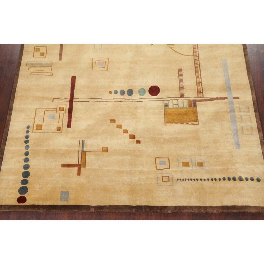 Nepal Graphic Oriental Hand-Knotted Muted Wool Indian Area Rug - 9'10" x 7'10"
