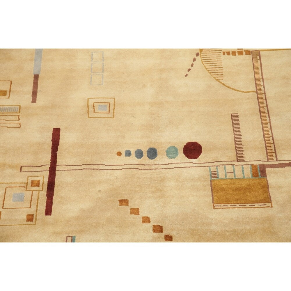 Nepal Graphic Oriental Hand-Knotted Muted Wool Indian Area Rug - 9'10" x 7'10"