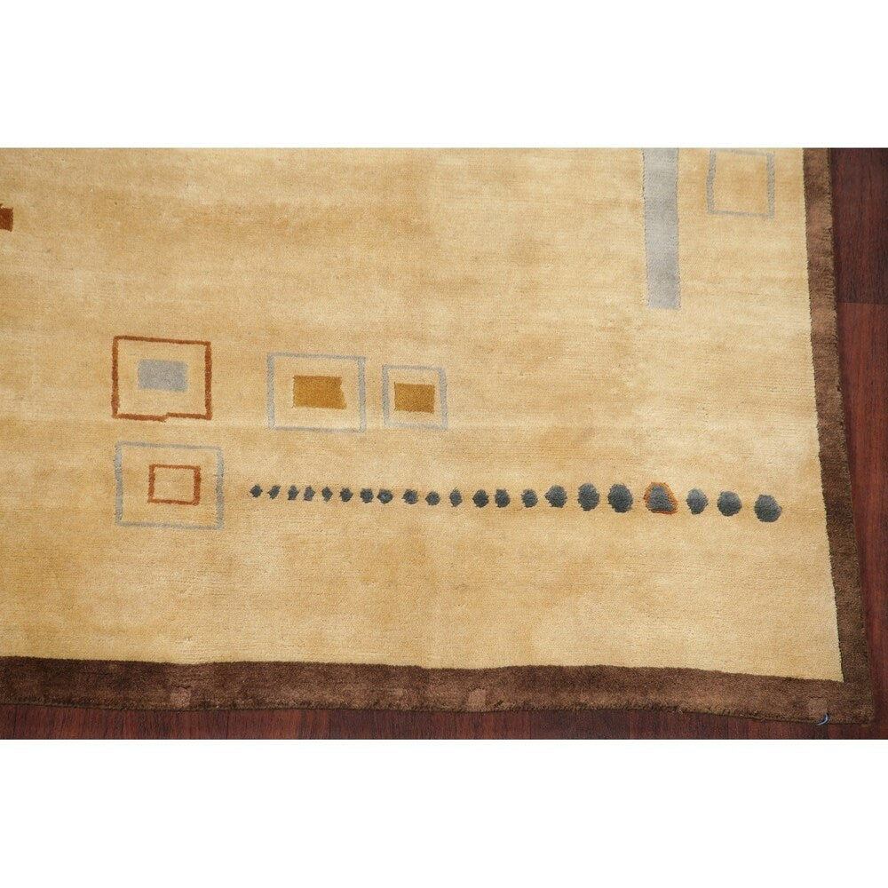 Nepal Graphic Oriental Hand-Knotted Muted Wool Indian Area Rug - 9'10" x 7'10"