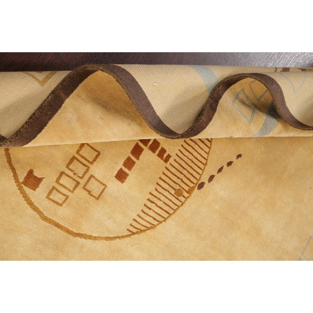 Nepal Graphic Oriental Hand-Knotted Muted Wool Indian Area Rug - 9'10" x 7'10"