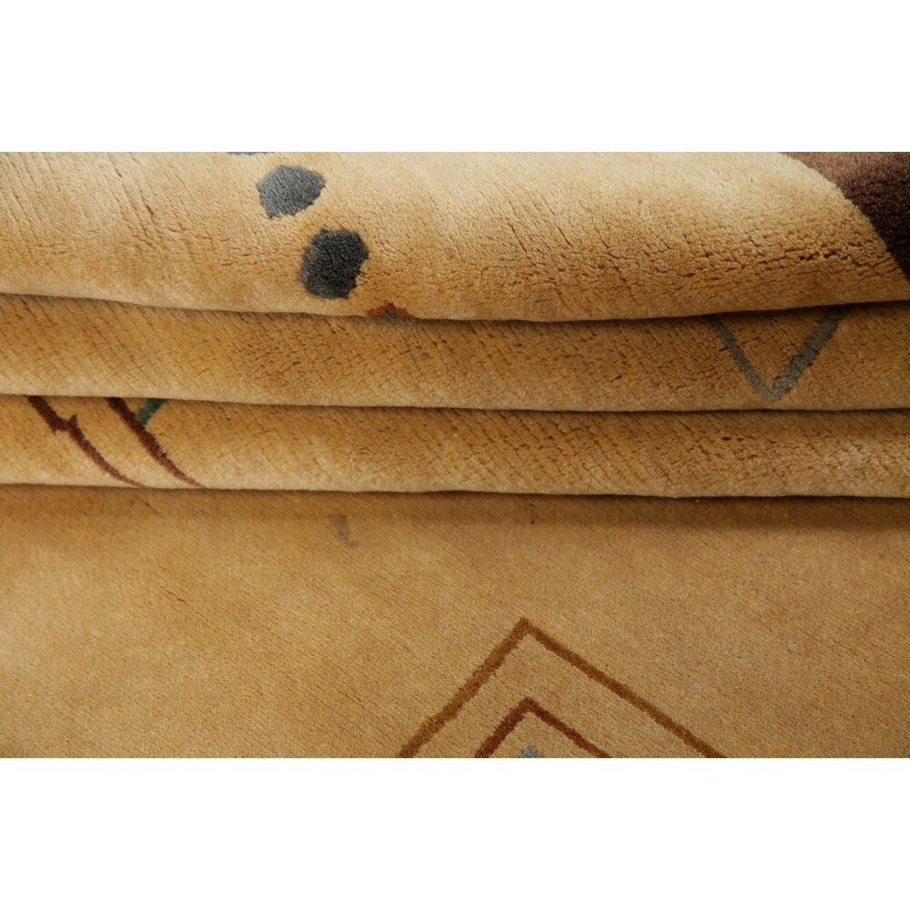 Nepal Graphic Oriental Hand-Knotted Muted Wool Indian Area Rug - 9'10" x 7'10"