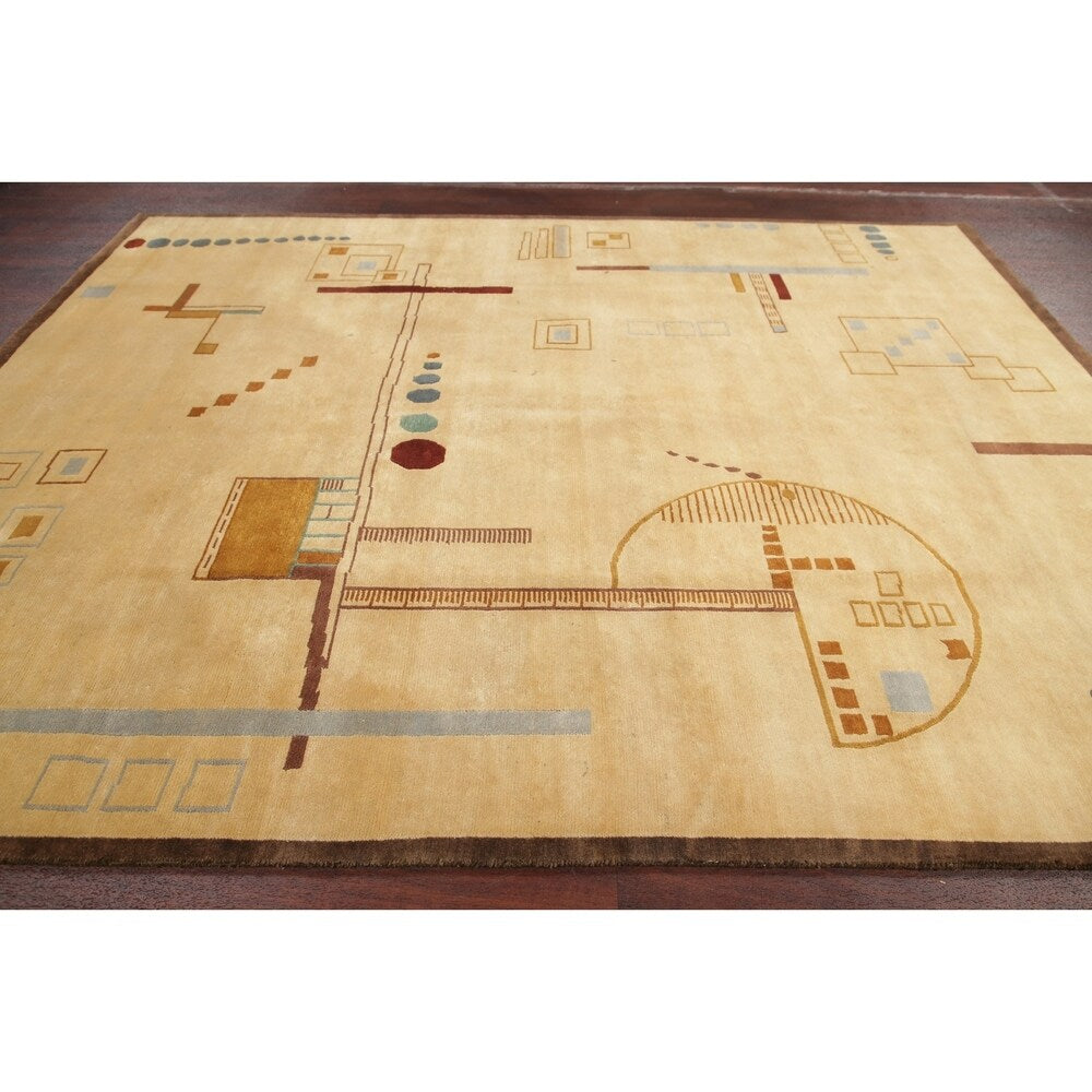 Nepal Graphic Oriental Hand-Knotted Muted Wool Indian Area Rug - 9'10" x 7'10"