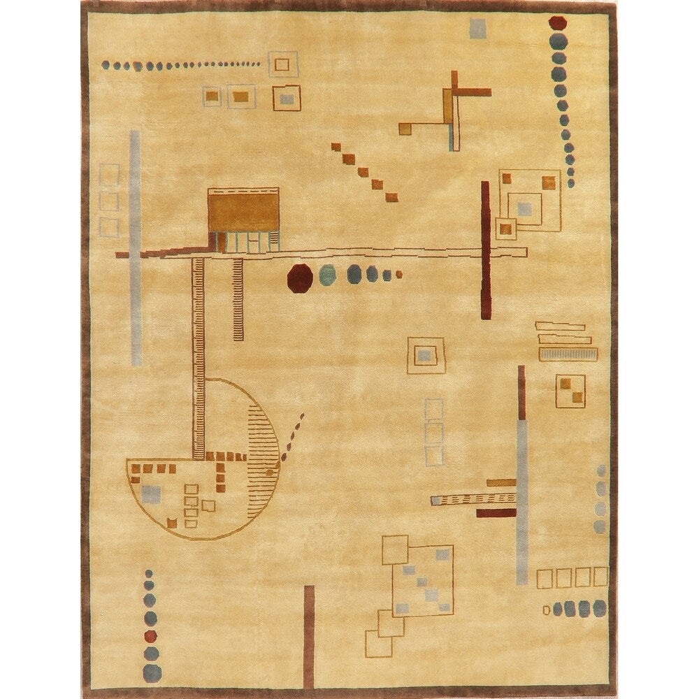 Nepal Graphic Oriental Hand-Knotted Muted Wool Indian Area Rug - 9'10" x 7'10"