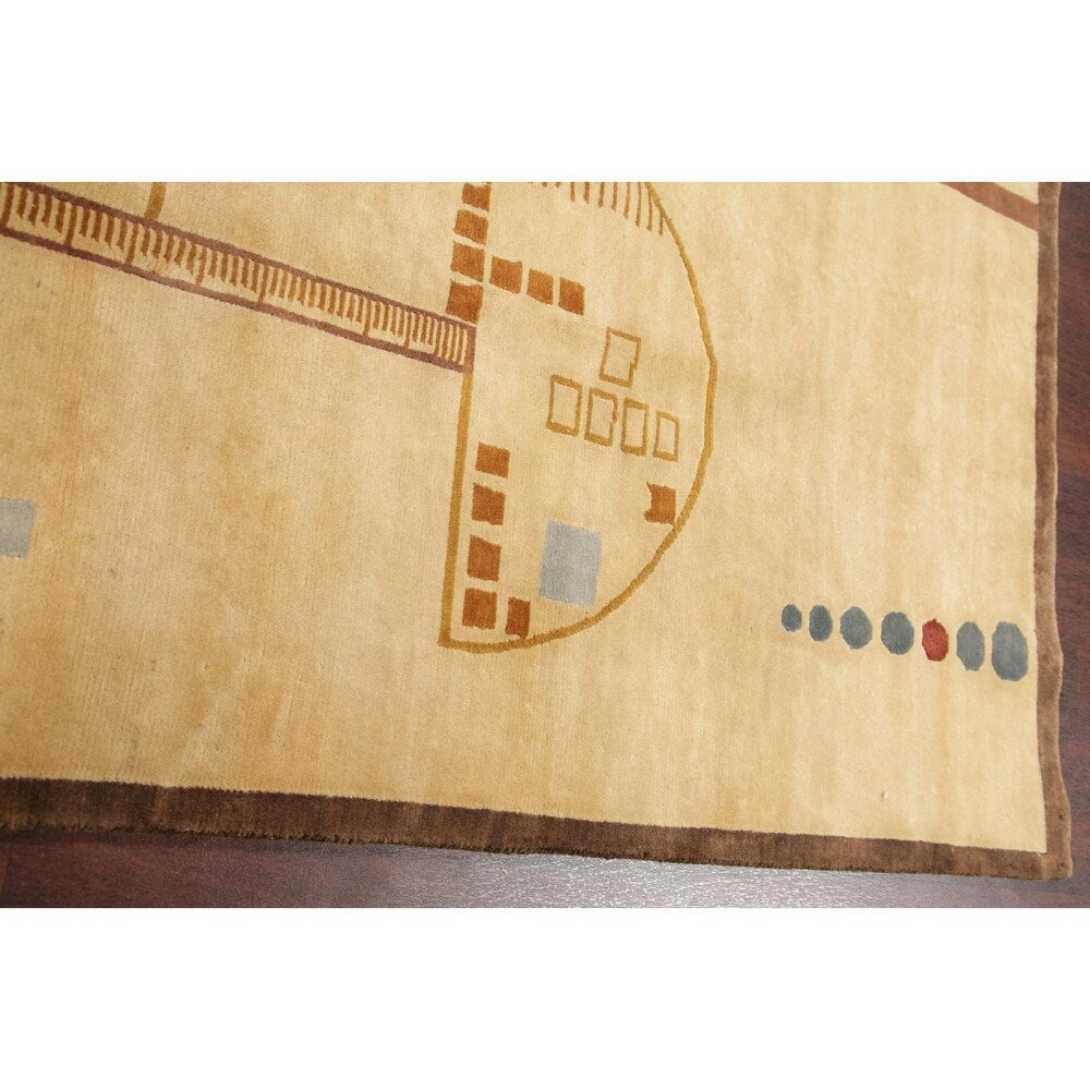 Nepal Graphic Oriental Hand-Knotted Muted Wool Indian Area Rug - 9'10" x 7'10"