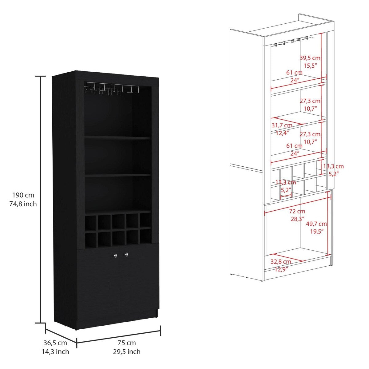 Nero Tall Bar Cabinet 4 Shelves.