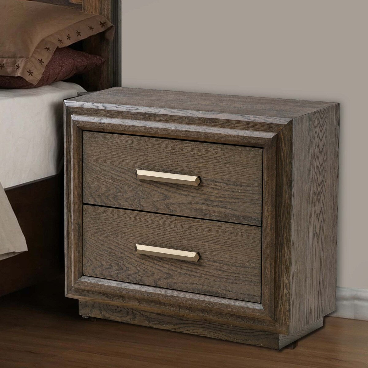 Nesh 29 Inch Nightstand, 2 Drawers, USB Chargers, Wire Brushed, Brown