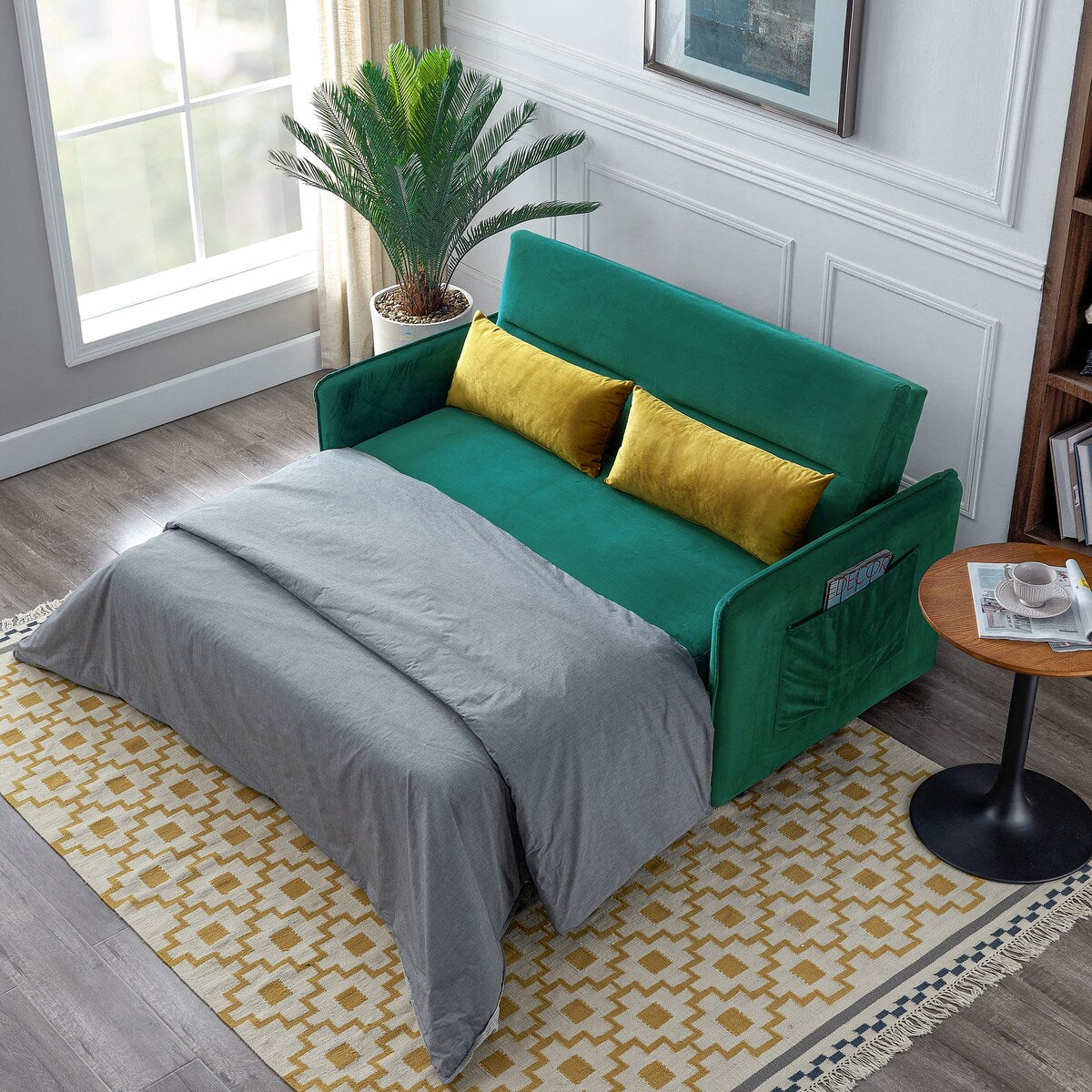 Nestfair 57" Modern Velvet Sofa Pull-Out Sleeper Bed with 2 Pillows Adjustable Backrest