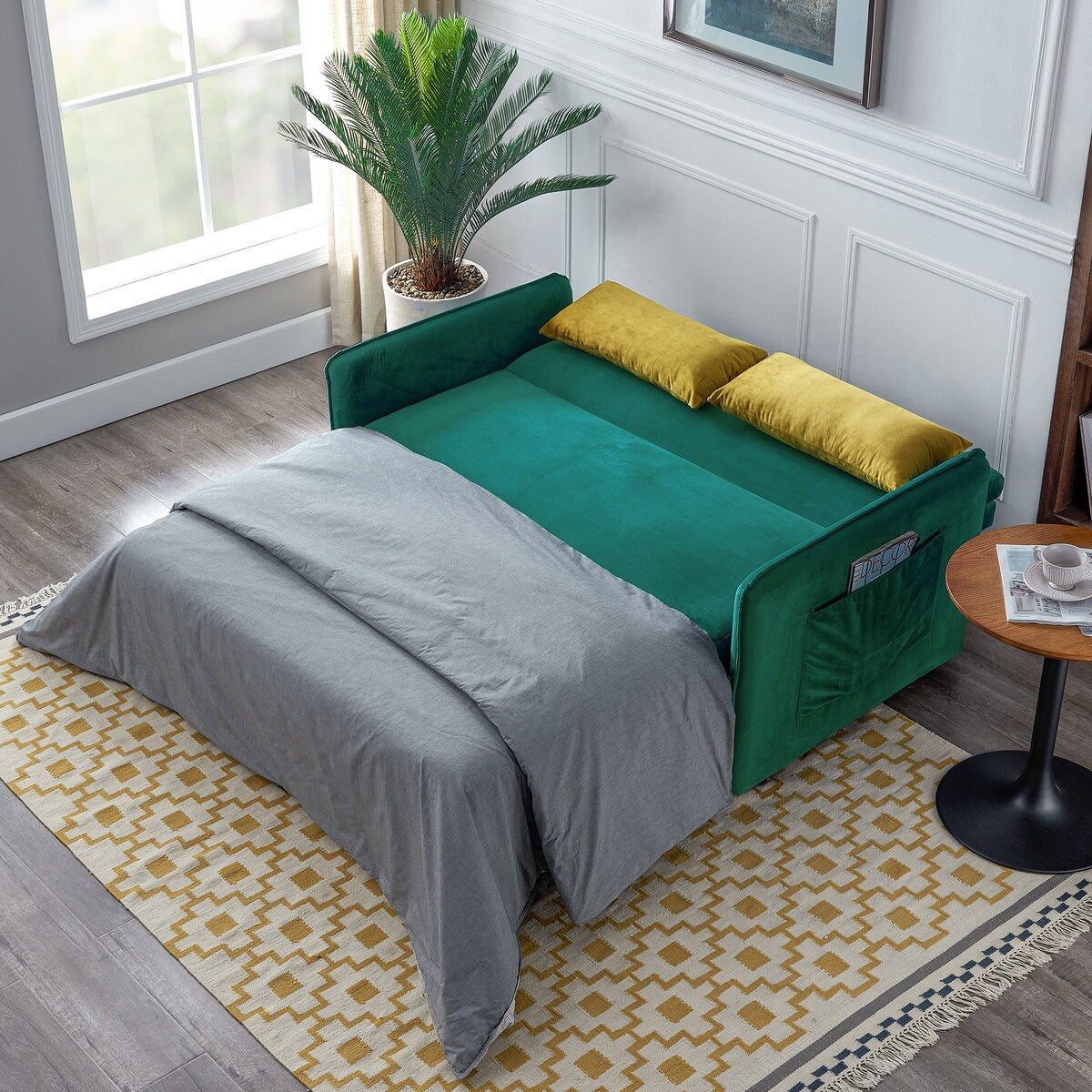 Nestfair 57" Modern Velvet Sofa Pull-Out Sleeper Bed with 2 Pillows Adjustable Backrest