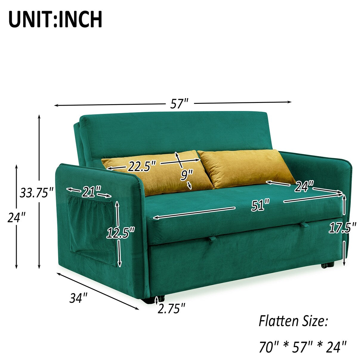 Nestfair 57" Modern Velvet Sofa Pull-Out Sleeper Bed with 2 Pillows Adjustable Backrest