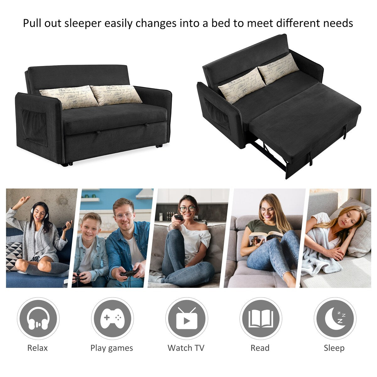 Nestfair 57" Modern Velvet Sofa Pull-Out Sleeper Bed with 2 Pillows Adjustable Backrest