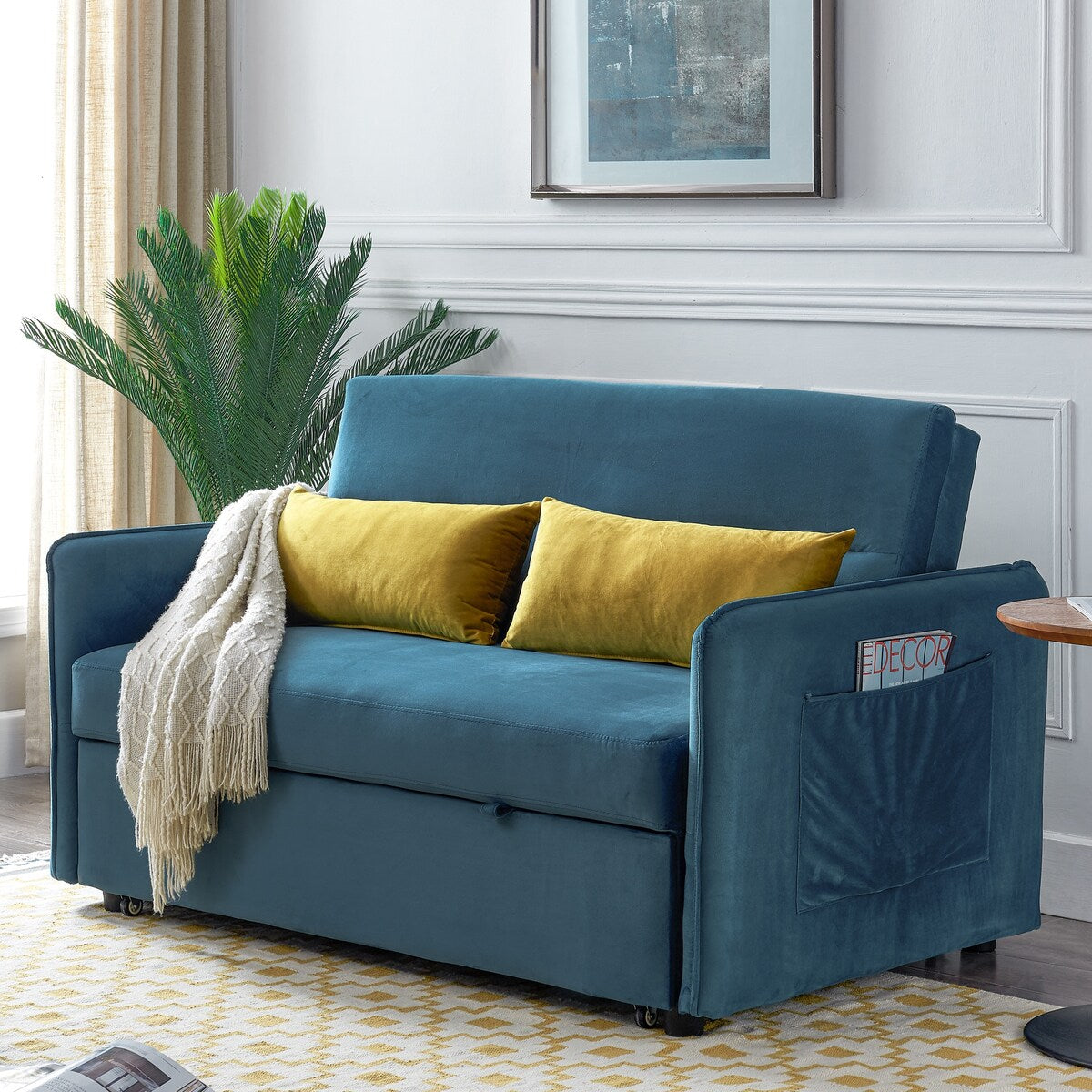 Nestfair 57" Modern Velvet Sofa Pull-Out Sleeper Bed with 2 Pillows Adjustable Backrest
