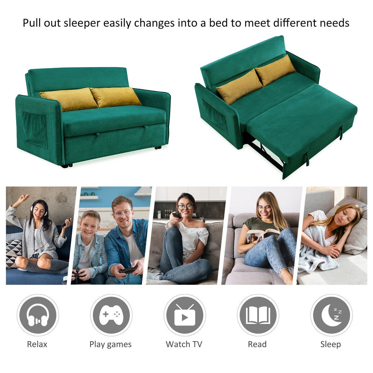 Nestfair 57" Modern Velvet Sofa Pull-Out Sleeper Bed with 2 Pillows Adjustable Backrest