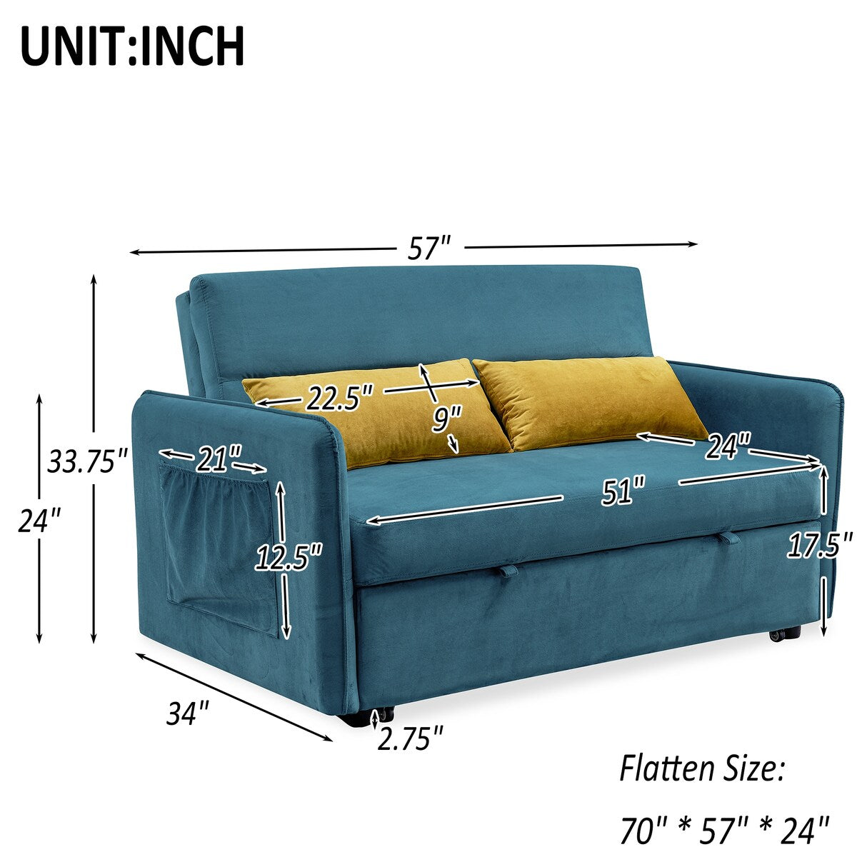 Nestfair 57" Modern Velvet Sofa Pull-Out Sleeper Bed with 2 Pillows Adjustable Backrest