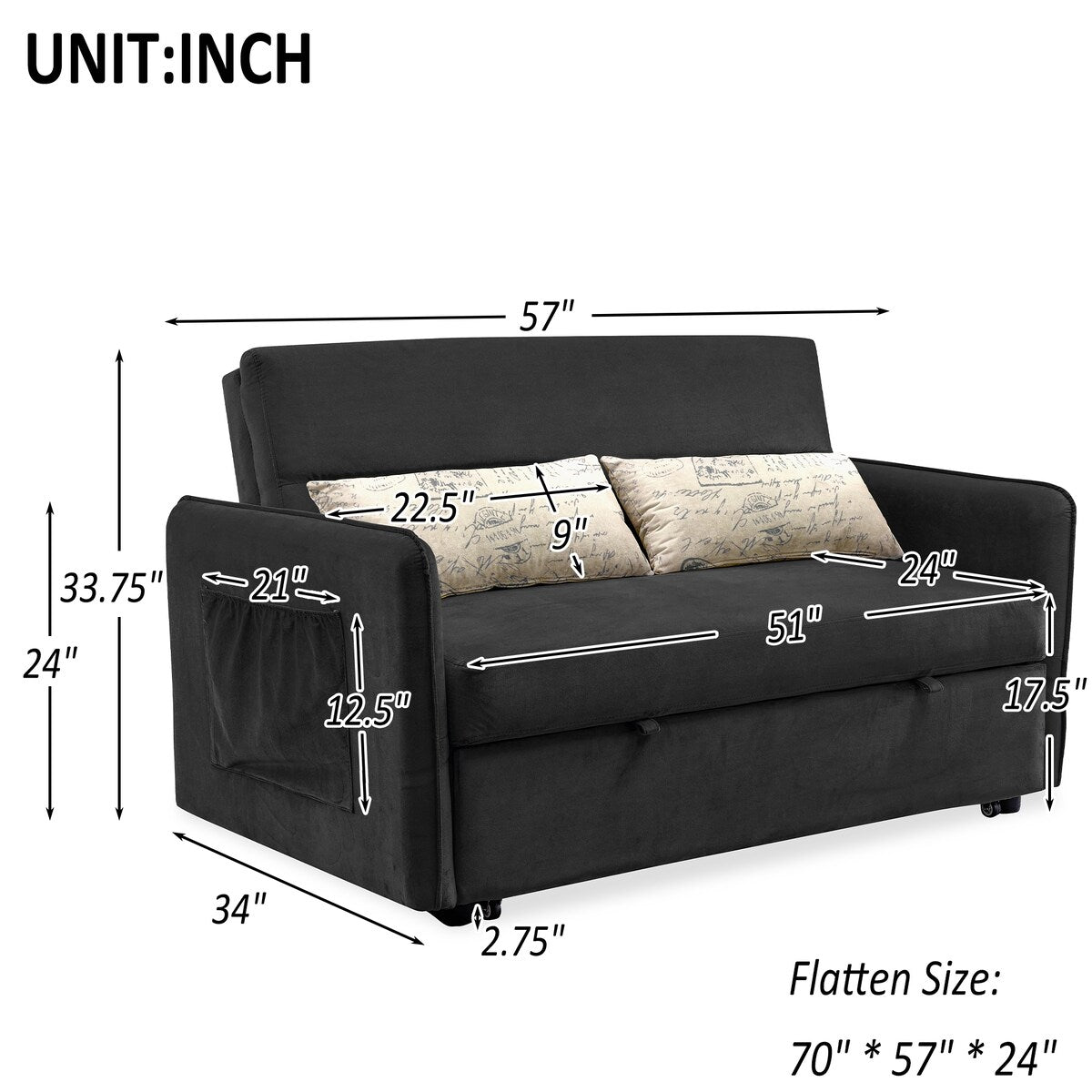 Nestfair 57" Modern Velvet Sofa Pull-Out Sleeper Bed with 2 Pillows Adjustable Backrest