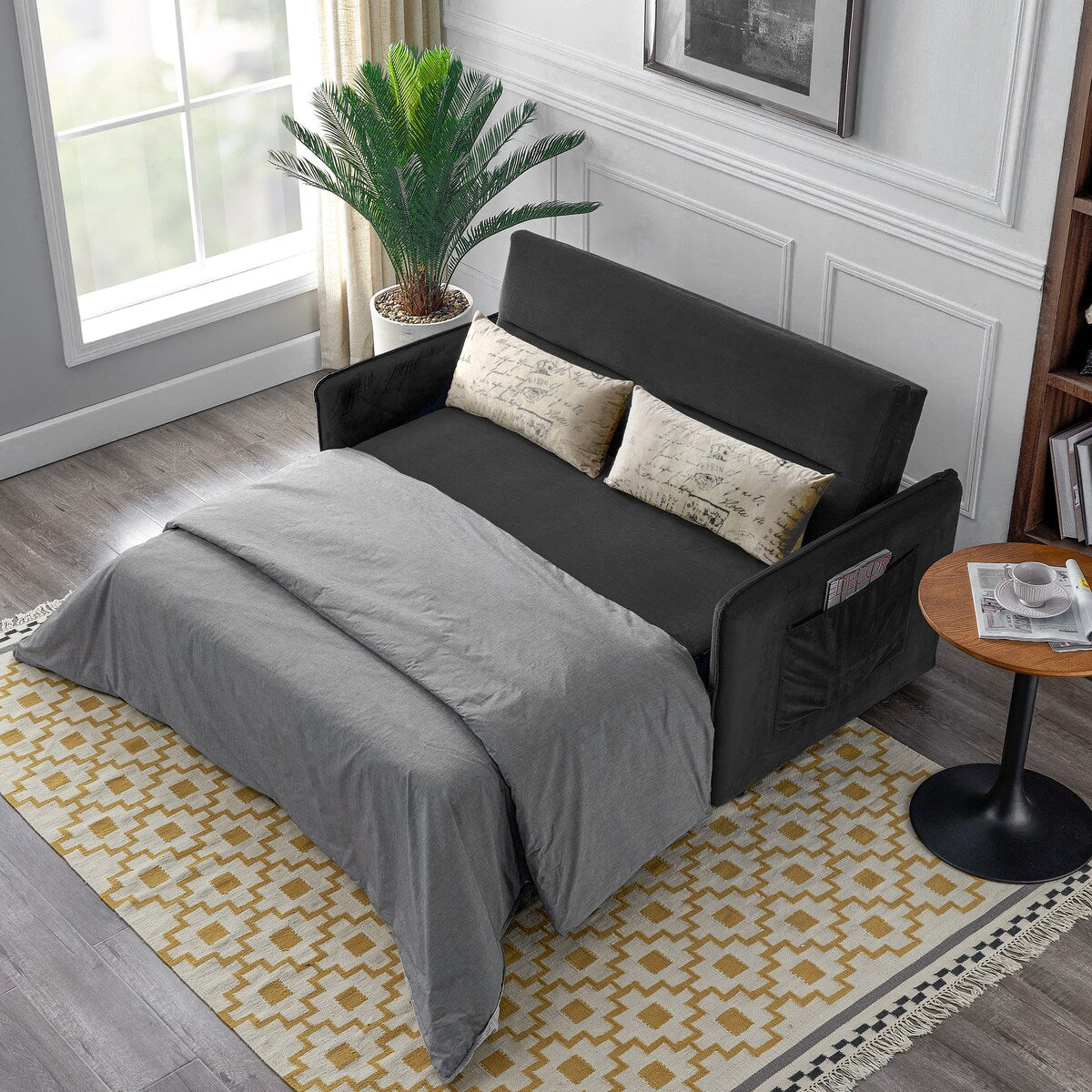Nestfair 57" Modern Velvet Sofa Pull-Out Sleeper Bed with 2 Pillows Adjustable Backrest
