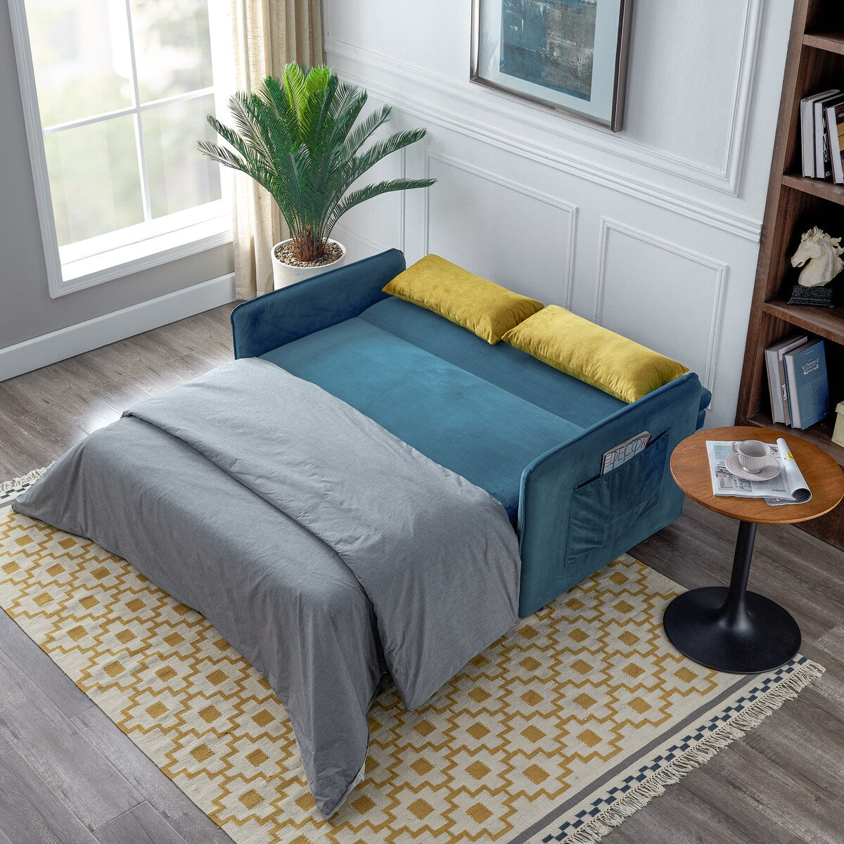 Nestfair 57" Modern Velvet Sofa Pull-Out Sleeper Bed with 2 Pillows Adjustable Backrest