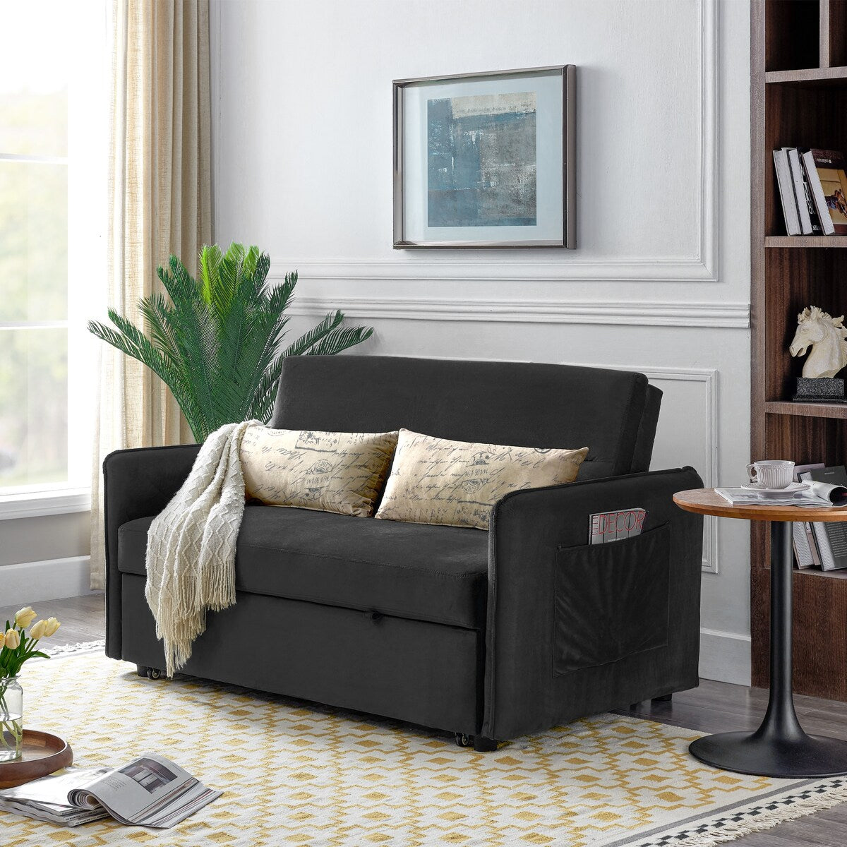 Nestfair 57" Modern Velvet Sofa Pull-Out Sleeper Bed with 2 Pillows Adjustable Backrest