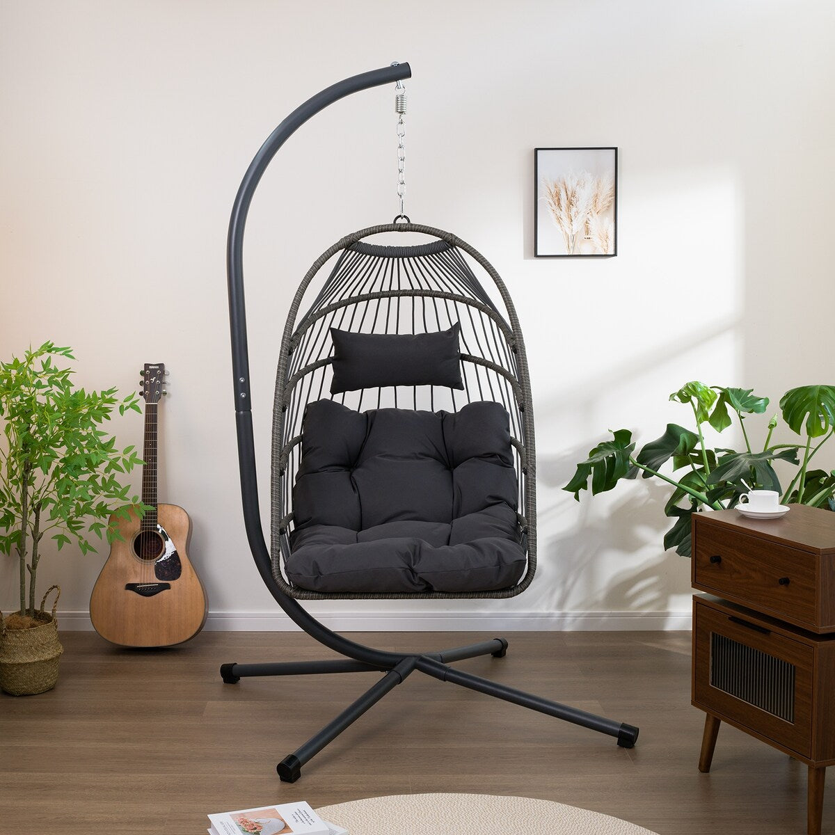 Nestfair Outdoor Patio Wicker Egg Hanging Chair with Stand - N/A