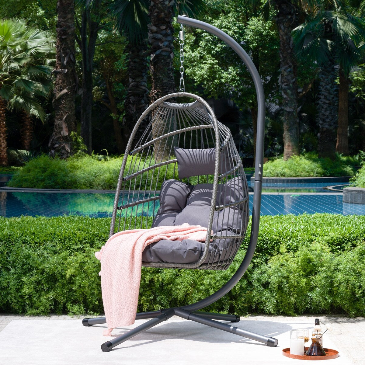 Nestfair Outdoor Patio Wicker Egg Hanging Chair with Stand - N/A