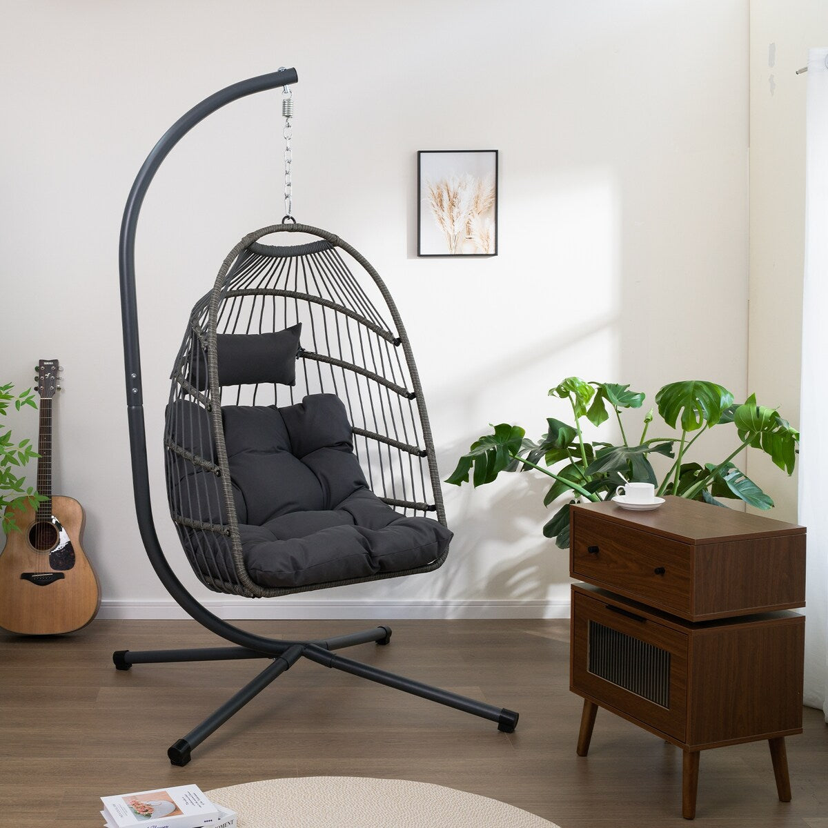 Nestfair Outdoor Patio Wicker Egg Hanging Chair with Stand - N/A