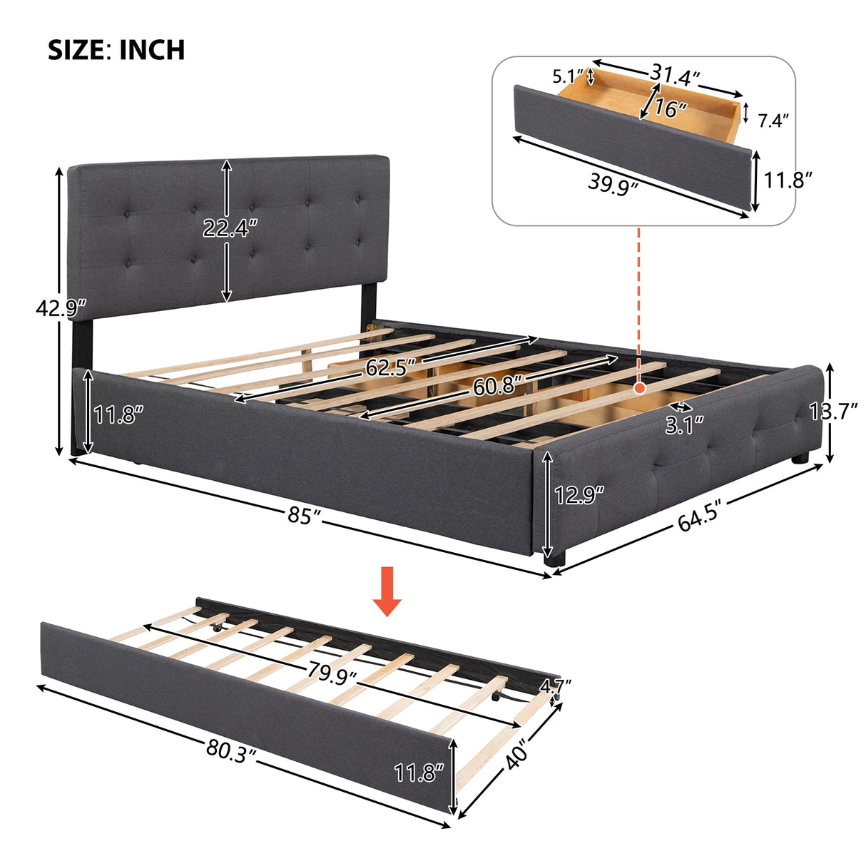 Nestfair Queen Size Upholstered Platform Bed with 2 Drawers and Twin XL Trundle