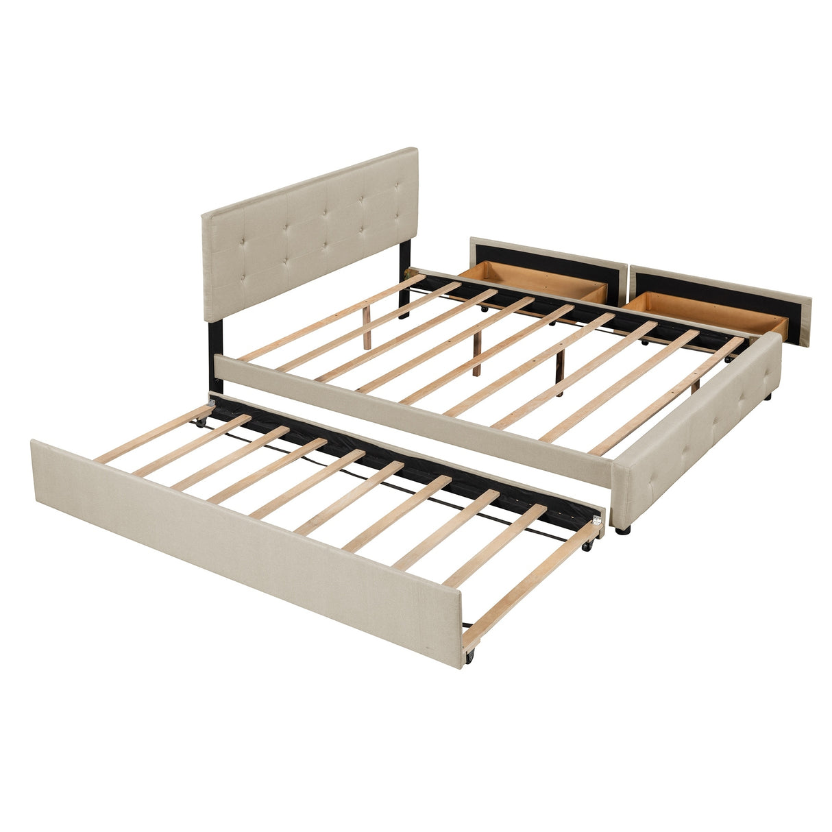 Nestfair Queen Size Upholstered Platform Bed with 2 Drawers and Twin XL Trundle