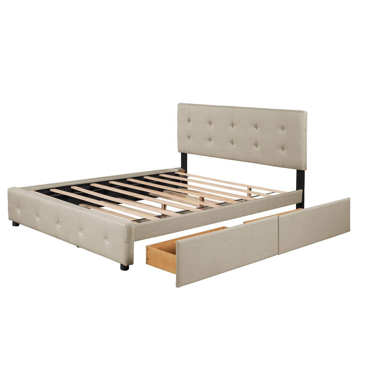 Nestfair Queen Size Upholstered Platform Bed with 2 Drawers and Twin XL Trundle