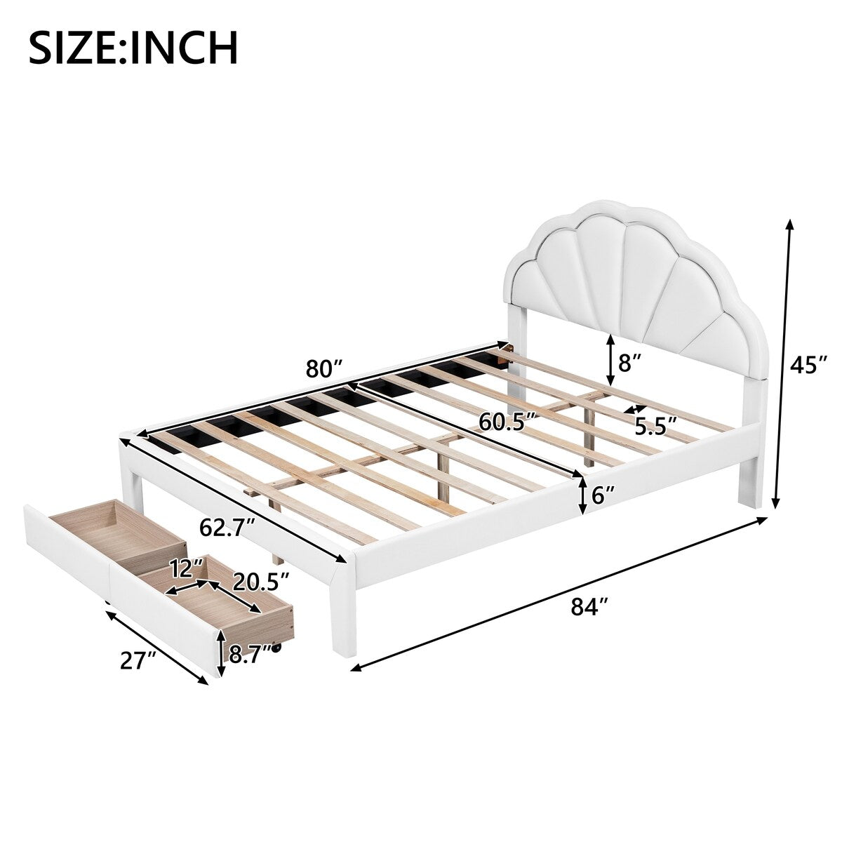 Nestfair Queen Size Upholstered Platform Bed with Seashell Shaped Headboard, LED and 2 Drawers