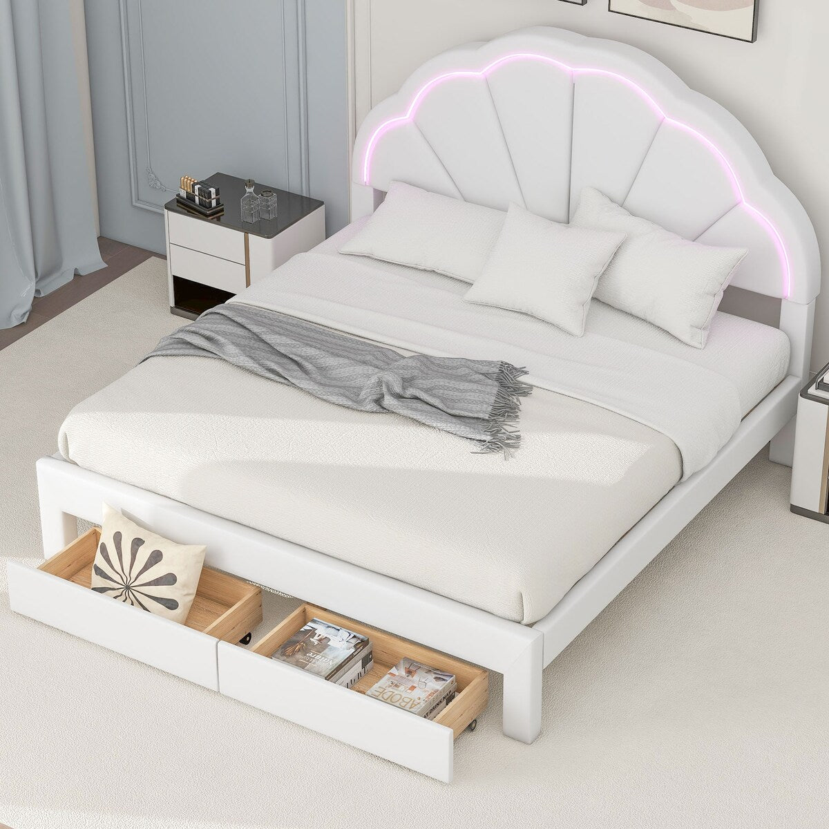Nestfair Queen Size Upholstered Platform Bed with Seashell Shaped Headboard, LED and 2 Drawers