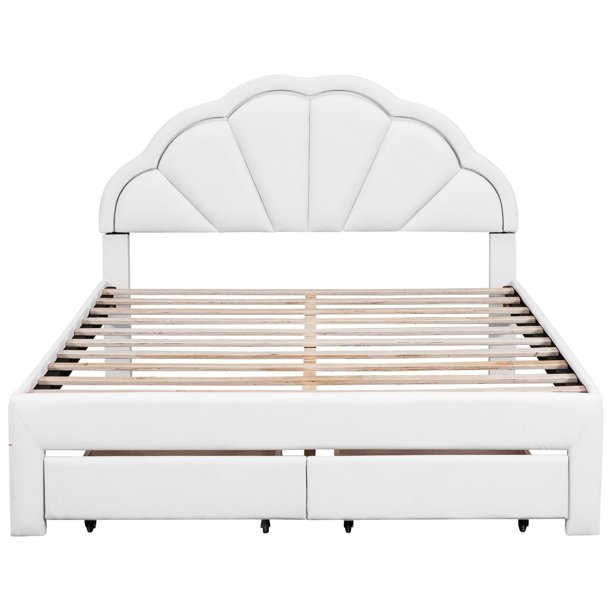 Nestfair Queen Size Upholstered Platform Bed with Seashell Shaped Headboard, LED and 2 Drawers