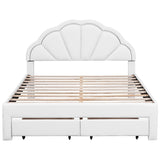 Nestfair Queen Size Upholstered Platform Bed with Seashell Shaped Headboard, LED and 2 Drawers