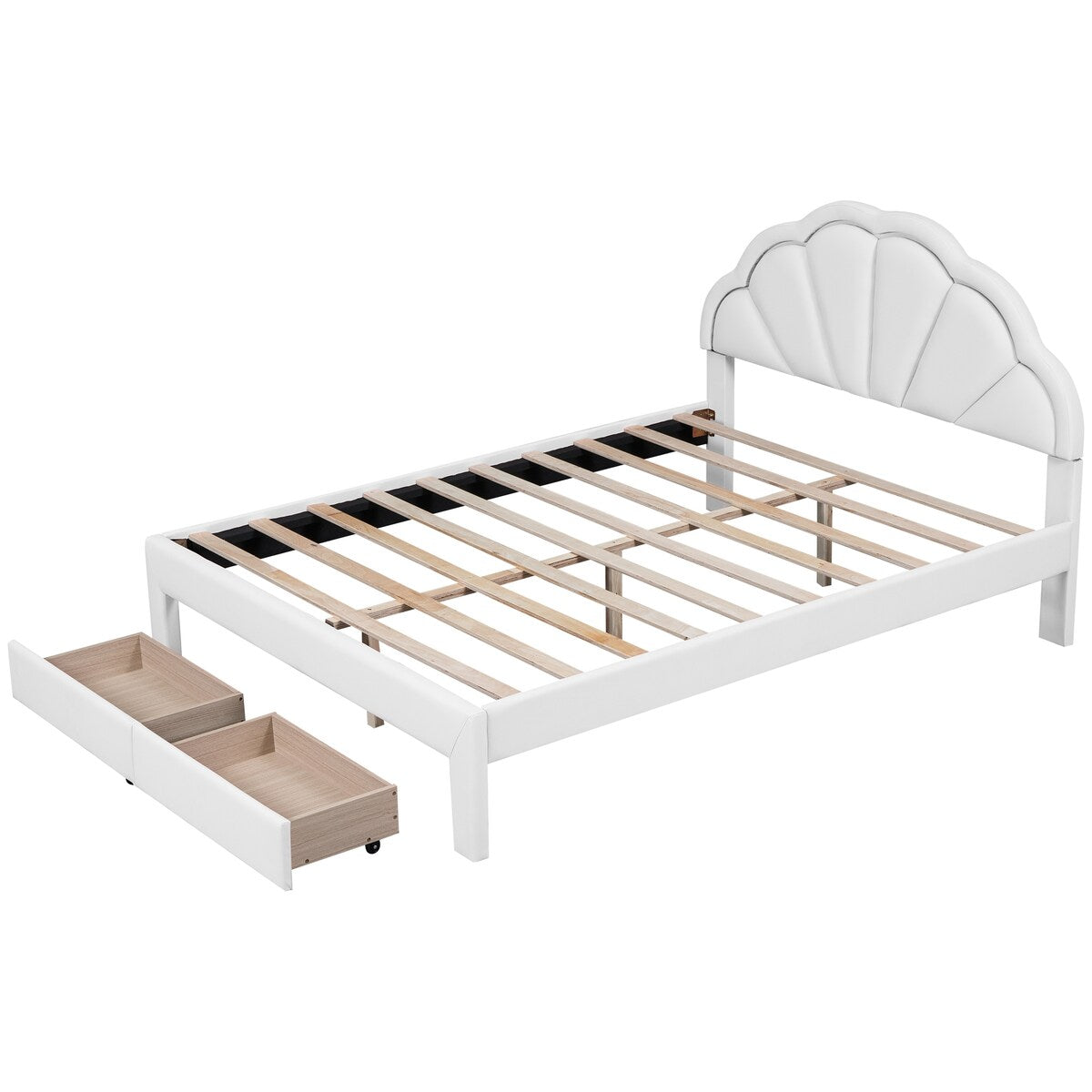Nestfair Queen Size Upholstered Platform Bed with Seashell Shaped Headboard, LED and 2 Drawers