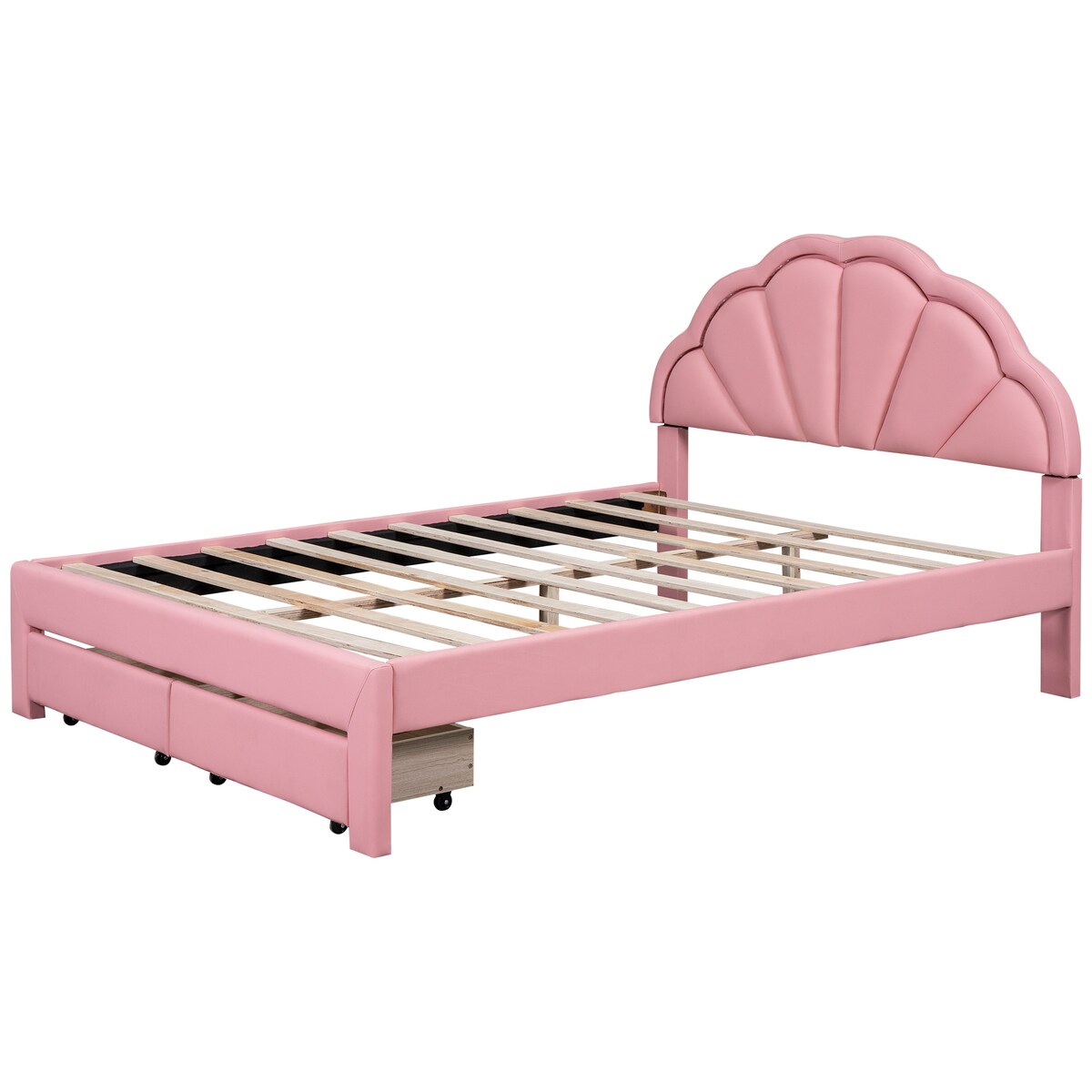 Nestfair Queen Size Upholstered Platform Bed with Seashell Shaped Headboard, LED and 2 Drawers