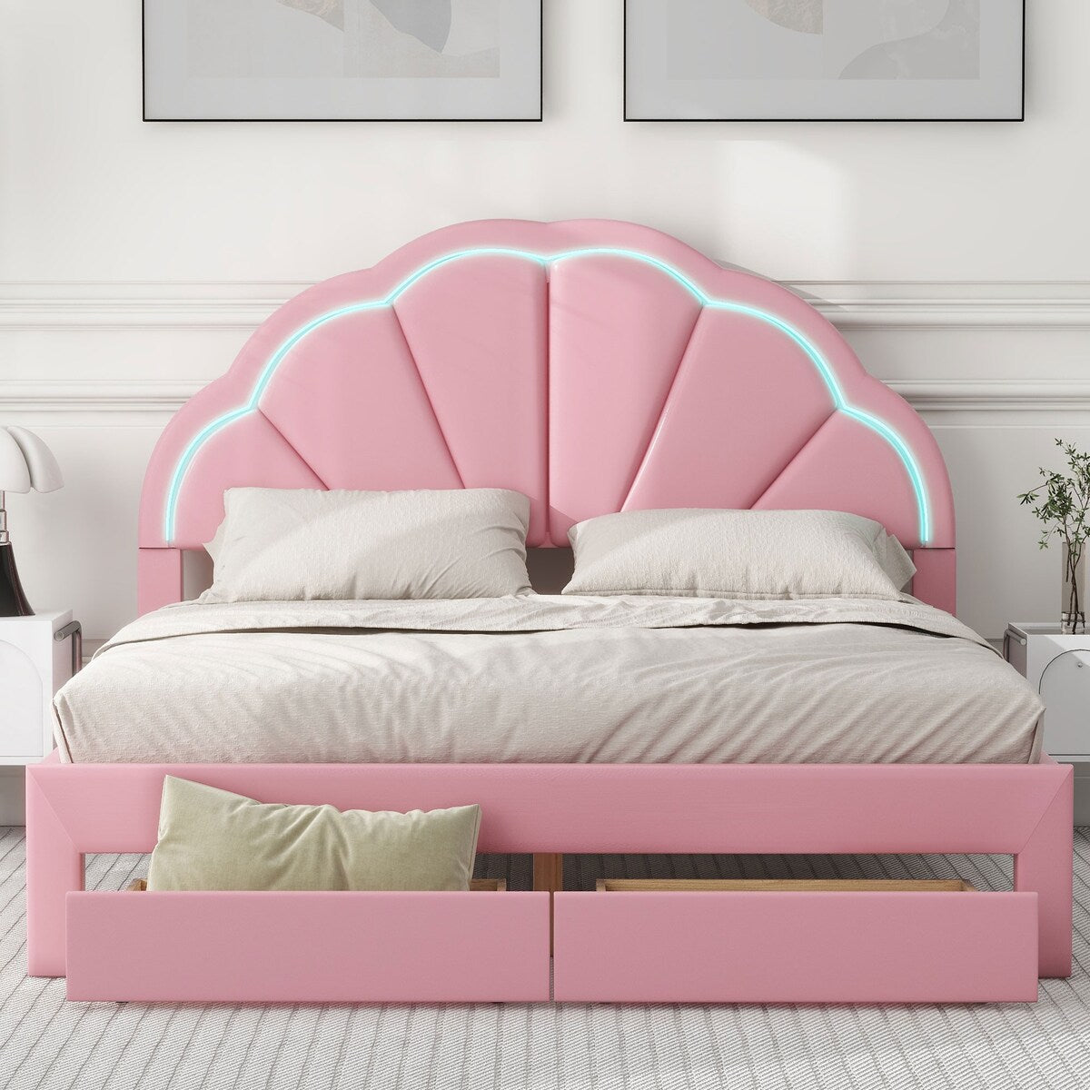 Nestfair Queen Size Upholstered Platform Bed with Seashell Shaped Headboard, LED and 2 Drawers
