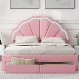 Nestfair Queen Size Upholstered Platform Bed with Seashell Shaped Headboard, LED and 2 Drawers