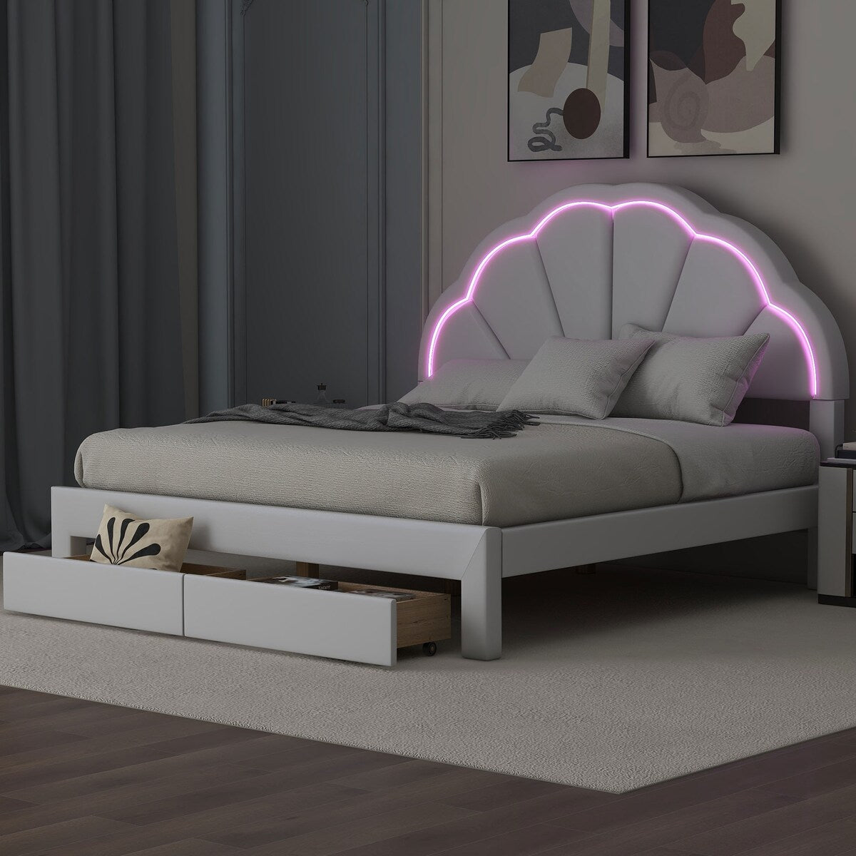 Nestfair Queen Size Upholstered Platform Bed with Seashell Shaped Headboard, LED and 2 Drawers