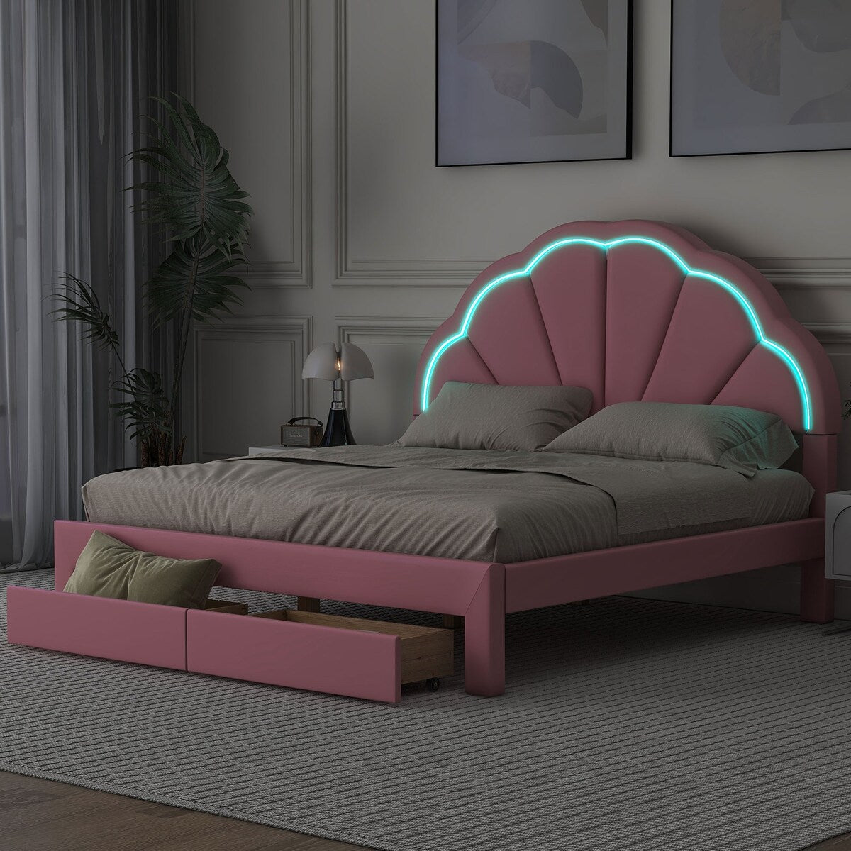 Nestfair Queen Size Upholstered Platform Bed with Seashell Shaped Headboard, LED and 2 Drawers