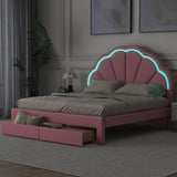 Nestfair Queen Size Upholstered Platform Bed with Seashell Shaped Headboard, LED and 2 Drawers